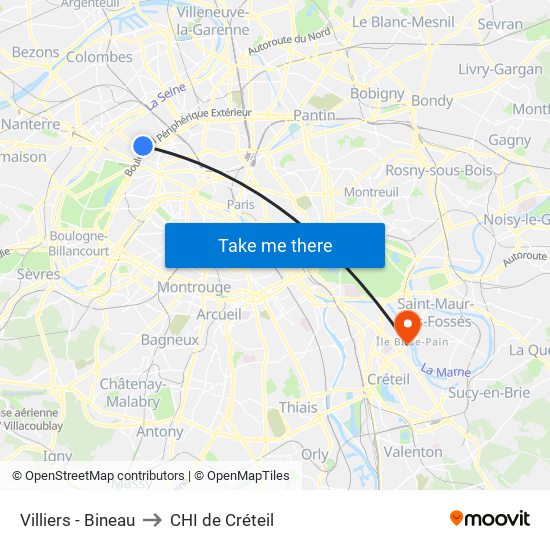 Villiers - Bineau to CHI de Créteil map