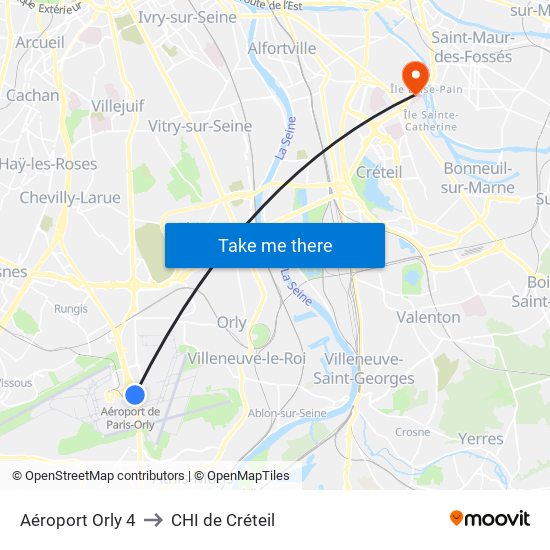 Aéroport Orly 4 to CHI de Créteil map