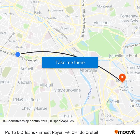 Porte D'Orléans - Ernest Reyer to CHI de Créteil map