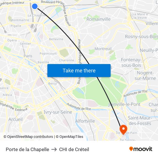 Porte de la Chapelle to CHI de Créteil map