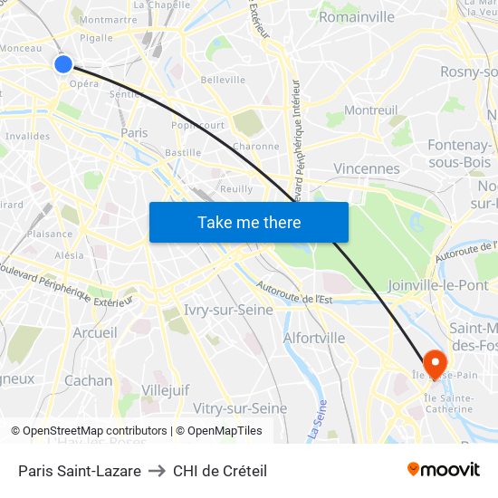 Paris Saint-Lazare to CHI de Créteil map