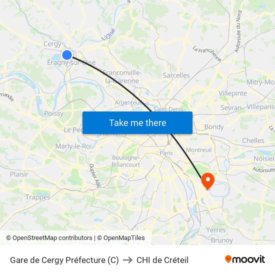 Gare de Cergy Préfecture (C) to CHI de Créteil map