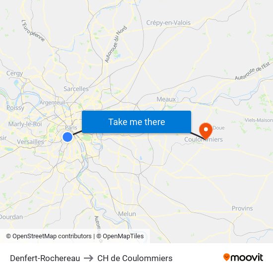 Denfert-Rochereau to CH de Coulommiers map