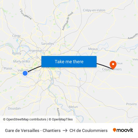 Gare de Versailles - Chantiers to CH de Coulommiers map