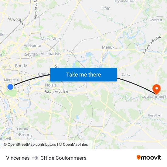 Vincennes to CH de Coulommiers map