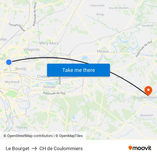 Le Bourget to CH de Coulommiers map