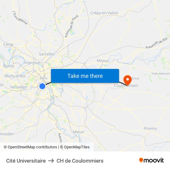 Cité Universitaire to CH de Coulommiers map
