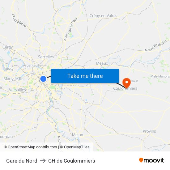 Gare du Nord to CH de Coulommiers map