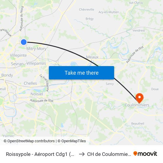 Roissypole - Aéroport Cdg1 (E2) to CH de Coulommiers map