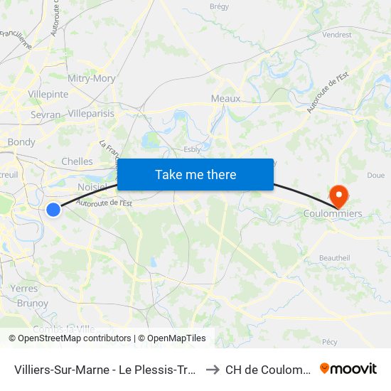 Villiers-Sur-Marne - Le Plessis-Trévise RER to CH de Coulommiers map