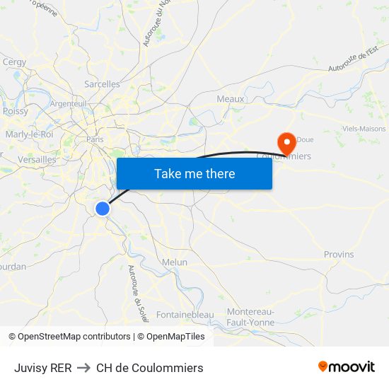 Juvisy RER to CH de Coulommiers map