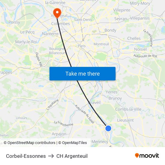 Corbeil-Essonnes to CH Argenteuil map