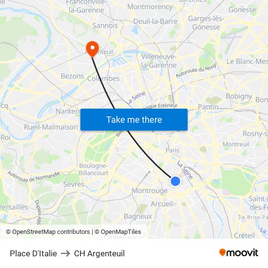 Place D'Italie to CH Argenteuil map
