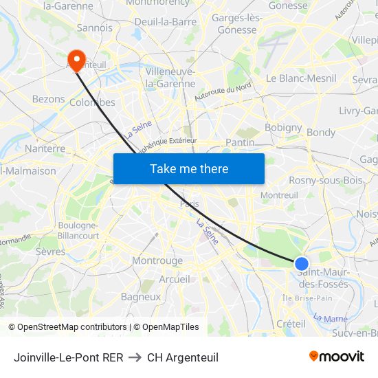 Joinville-Le-Pont RER to CH Argenteuil map