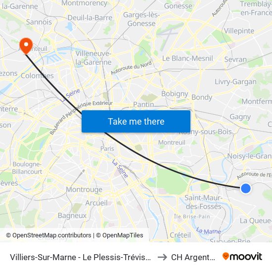 Villiers-Sur-Marne - Le Plessis-Trévise RER to CH Argenteuil map