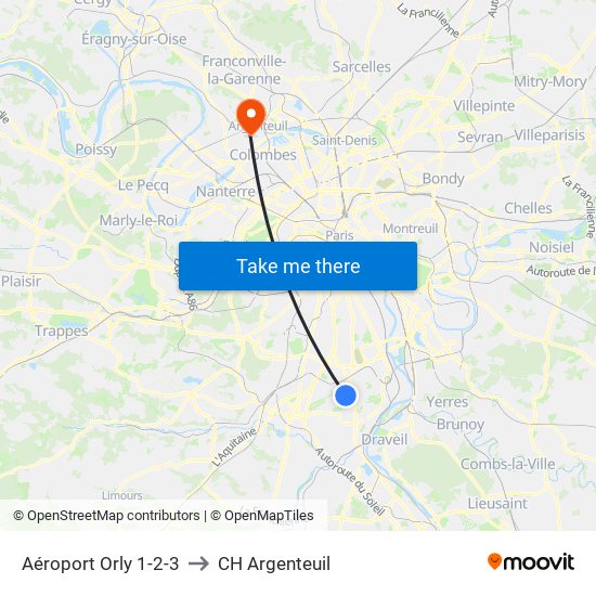 Aéroport Orly 1-2-3 to CH Argenteuil map