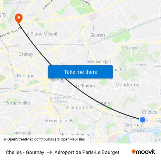 Chelles - Gournay to Aéroport de Paris-Le Bourget map