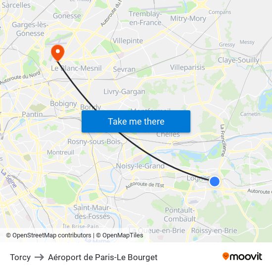 Torcy to Aéroport de Paris-Le Bourget map