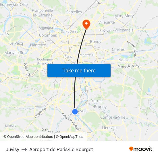 Juvisy to Aéroport de Paris-Le Bourget map