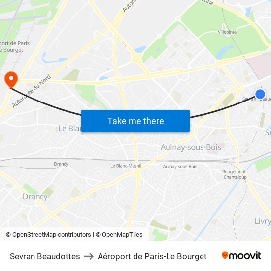 Sevran Beaudottes to Aéroport de Paris-Le Bourget map