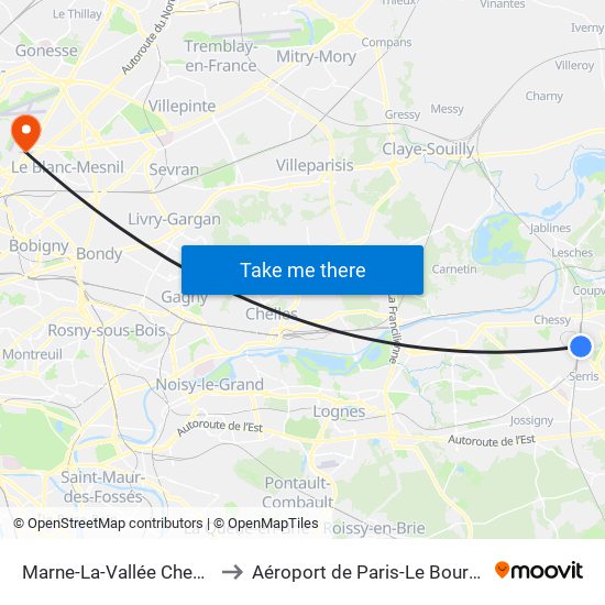 Marne-La-Vallée Chessy to Aéroport de Paris-Le Bourget map