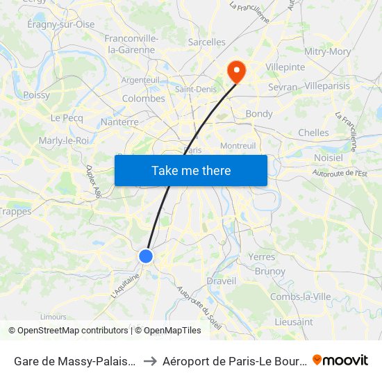 Gare de Massy-Palaiseau to Aéroport de Paris-Le Bourget map