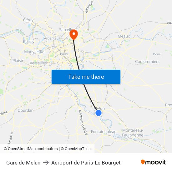 Gare de Melun to Aéroport de Paris-Le Bourget map