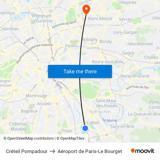 Créteil Pompadour to Aéroport de Paris-Le Bourget map