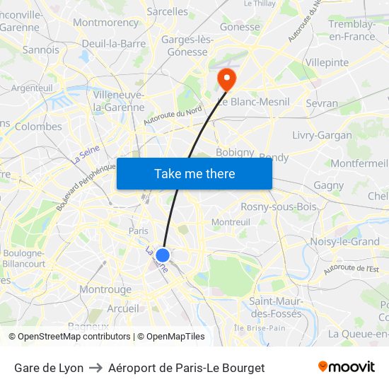 Gare de Lyon to Aéroport de Paris-Le Bourget map