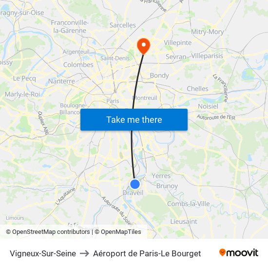 Vigneux-Sur-Seine to Aéroport de Paris-Le Bourget map