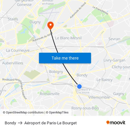 Bondy to Aéroport de Paris-Le Bourget map