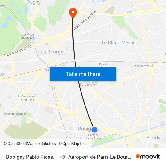 Bobigny Pablo Picasso to Aéroport de Paris-Le Bourget map