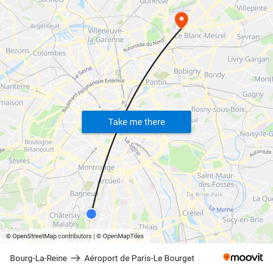 Bourg-La-Reine to Aéroport de Paris-Le Bourget map