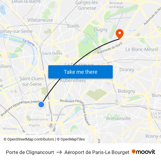 Porte de Clignancourt to Aéroport de Paris-Le Bourget map