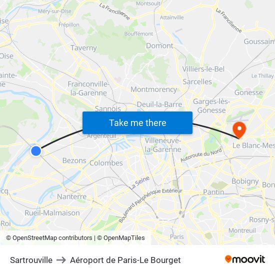 Sartrouville to Aéroport de Paris-Le Bourget map