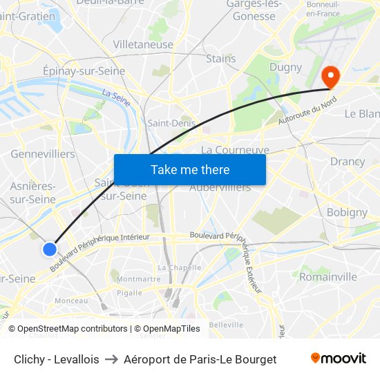Clichy - Levallois to Aéroport de Paris-Le Bourget map