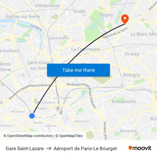 Gare Saint-Lazare to Aéroport de Paris-Le Bourget map