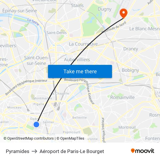 Pyramides to Aéroport de Paris-Le Bourget map