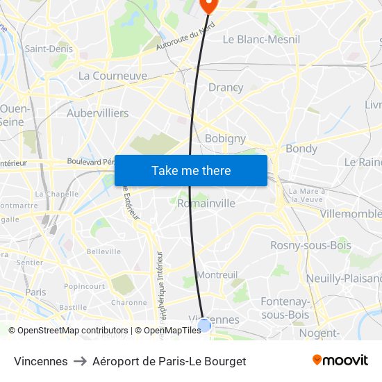 Vincennes to Aéroport de Paris-Le Bourget map