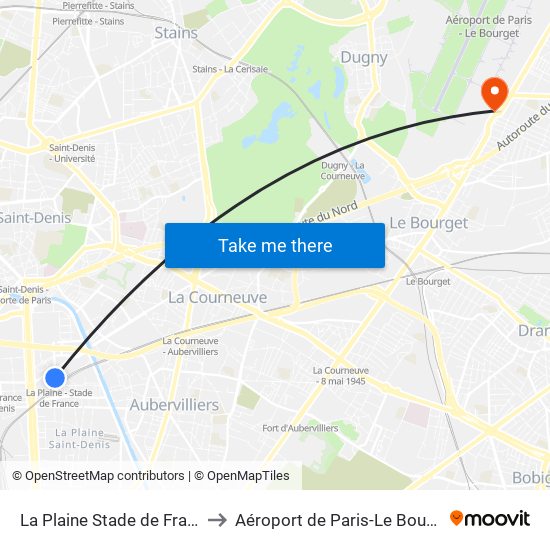 La Plaine Stade de France to Aéroport de Paris-Le Bourget map