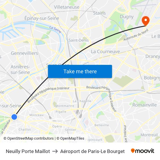 Neuilly Porte Maillot to Aéroport de Paris-Le Bourget map