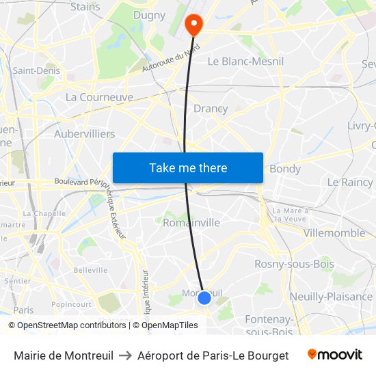 Mairie de Montreuil to Aéroport de Paris-Le Bourget map