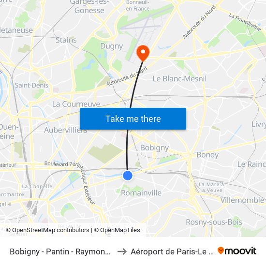 Bobigny - Pantin - Raymond Queneau to Aéroport de Paris-Le Bourget map