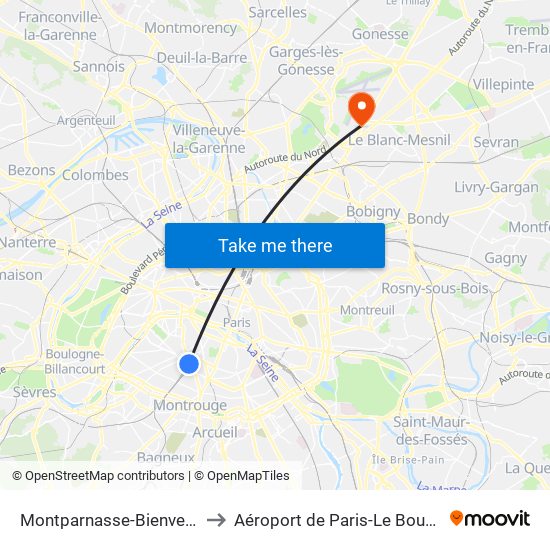 Montparnasse-Bienvenue to Aéroport de Paris-Le Bourget map