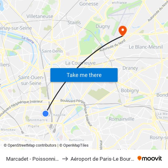 Marcadet - Poissonniers to Aéroport de Paris-Le Bourget map