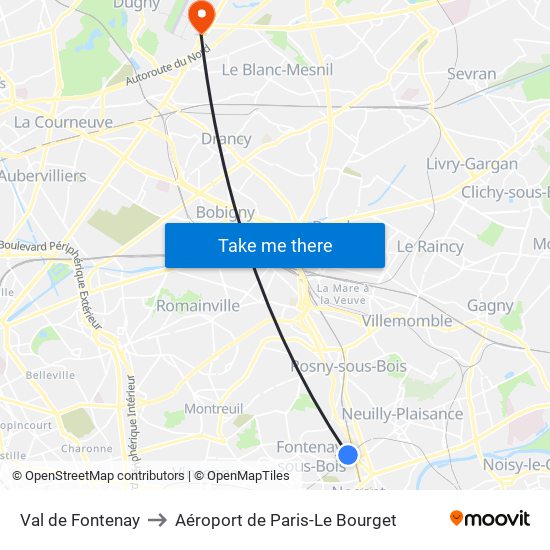 Val de Fontenay to Aéroport de Paris-Le Bourget map