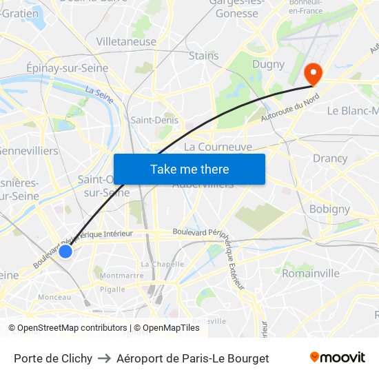 Porte de Clichy to Aéroport de Paris-Le Bourget map