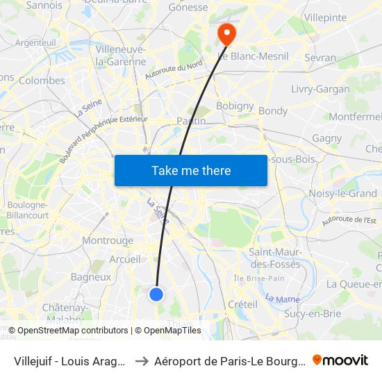 Villejuif - Louis Aragon to Aéroport de Paris-Le Bourget map