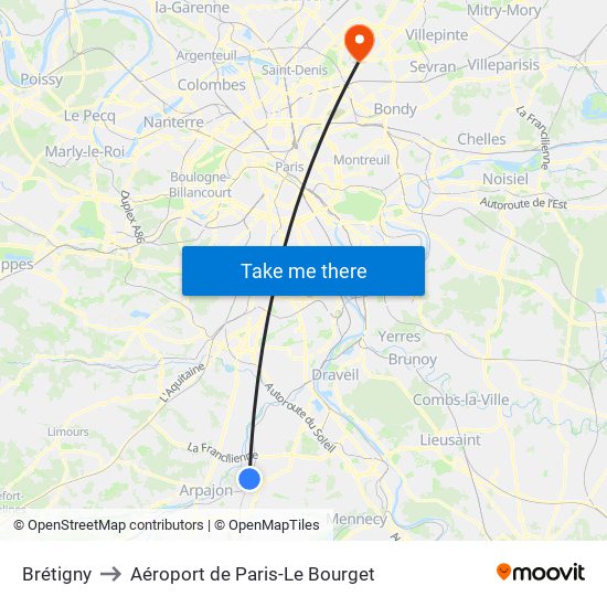 Brétigny to Aéroport de Paris-Le Bourget map