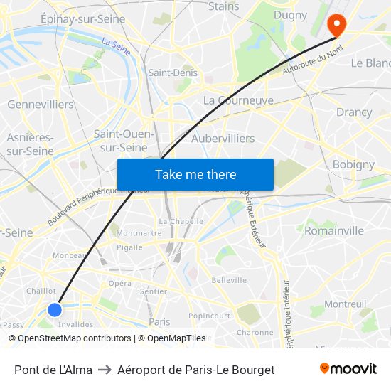 Pont de L'Alma to Aéroport de Paris-Le Bourget map